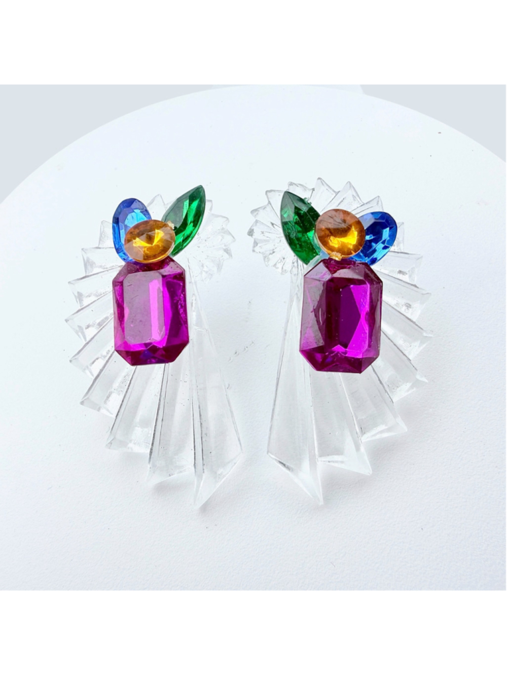 Vintage 1980s Statement Earrings, Colorful Acrylic Rhinestone Dangle Earrings